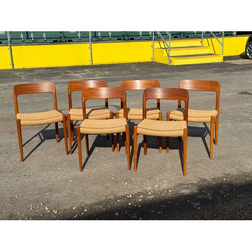 391 - A set of six mid-20thC Niels Moller for J L Moller bar back teak dining Chairs, all with rush seats,... 