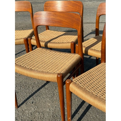 391 - A set of six mid-20thC Niels Moller for J L Moller bar back teak dining Chairs, all with rush seats,... 