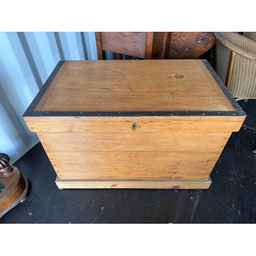 401 - Large pine chest with with metal binding on edges