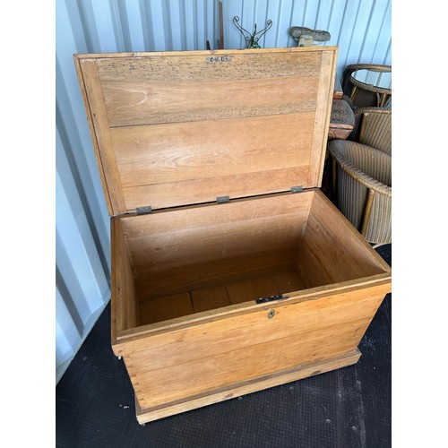 401 - Large pine chest with with metal binding on edges