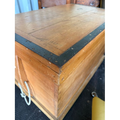 401 - Large pine chest with with metal binding on edges