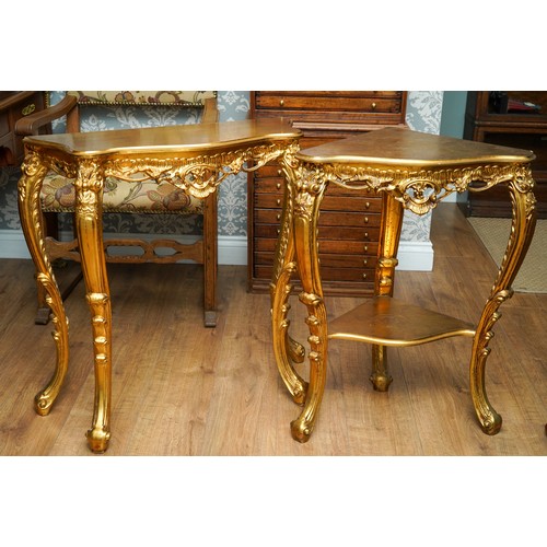 405 - 2 Italian 20th century gilt moulded occasional tables one to fit in a corner and other as half mood ... 