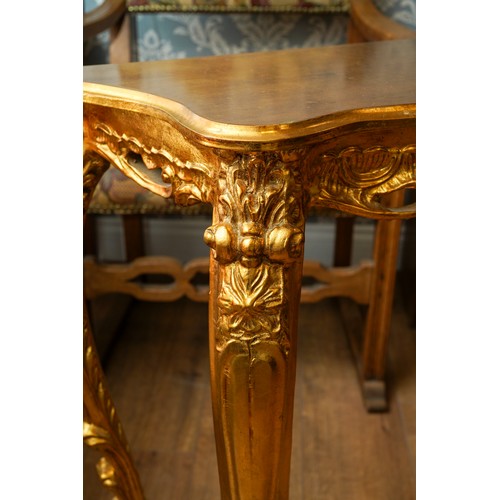 405 - 2 Italian 20th century gilt moulded occasional tables one to fit in a corner and other as half mood ... 