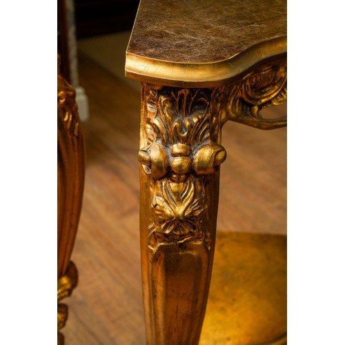 405 - 2 Italian 20th century gilt moulded occasional tables one to fit in a corner and other as half mood ... 