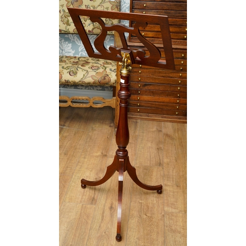 406 - Brass and mahogany music stand on 3 ball feet