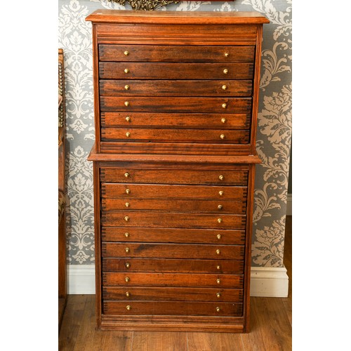 407 - Large 16 draw 2 tier collectors cabinet with small brass round handles. Approx. 111 cm tall, 25 cm d... 