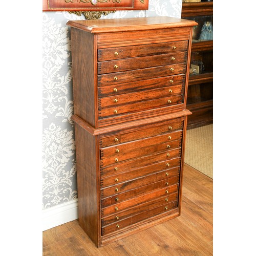 407 - Large 16 draw 2 tier collectors cabinet with small brass round handles. Approx. 111 cm tall, 25 cm d... 