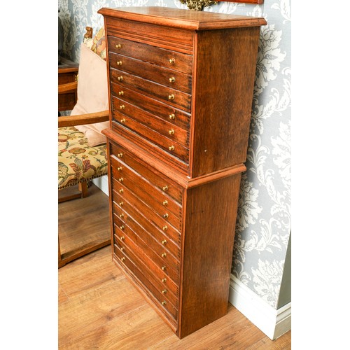 407 - Large 16 draw 2 tier collectors cabinet with small brass round handles. Approx. 111 cm tall, 25 cm d... 