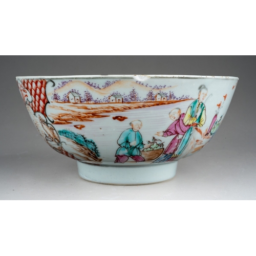 1008 - A Chinese Export Famille Rose bowl on rim foot, the body painted with figures and river landscape wi... 