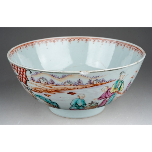 1008 - A Chinese Export Famille Rose bowl on rim foot, the body painted with figures and river landscape wi... 