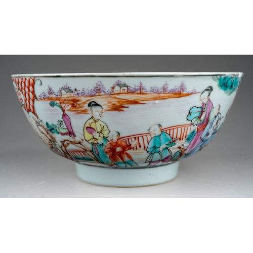 1008 - A Chinese Export Famille Rose bowl on rim foot, the body painted with figures and river landscape wi... 