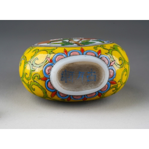 1014 - A second half 20th century Chinese opaque glass snuff bottle, decorated with fruit and scrolls, mark... 