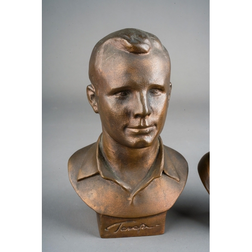 1032 - A bronzed metal bust of Yuri Gagarin and another of Lenin, signed and dated 1985 to reverse (2)