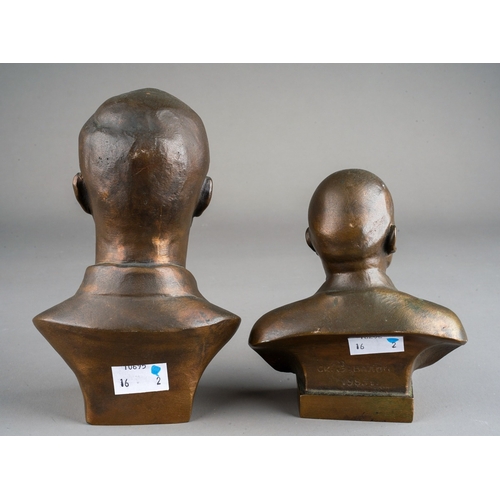 1032 - A bronzed metal bust of Yuri Gagarin and another of Lenin, signed and dated 1985 to reverse (2)