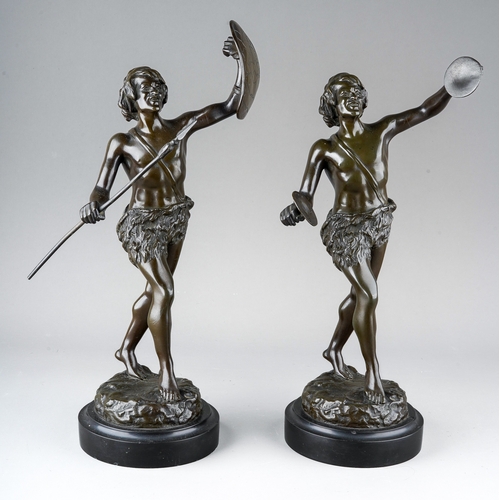 1034 - A pair of French, circa 1880s bronze statues  on slate bases signed by Thillmany  1 is a man with sy... 