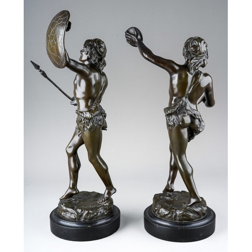 1034 - A pair of French, circa 1880s bronze statues  on slate bases signed by Thillmany  1 is a man with sy... 