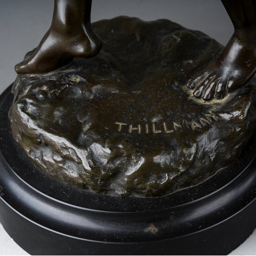 1034 - A pair of French, circa 1880s bronze statues  on slate bases signed by Thillmany  1 is a man with sy... 