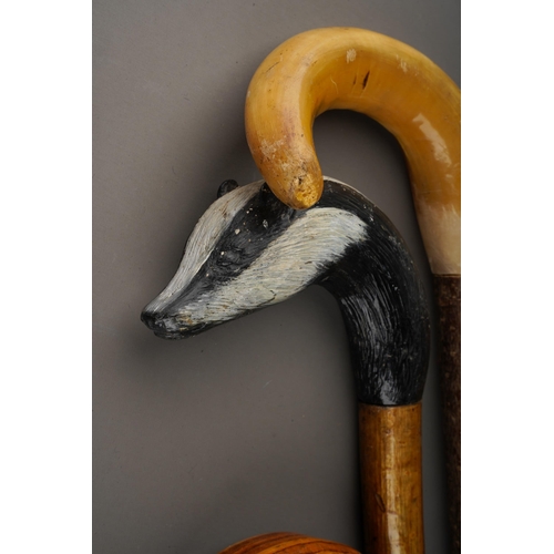 1035 - A collection of walking sticks to include: 
1. carved Duck head, textured and painted with glass eye... 