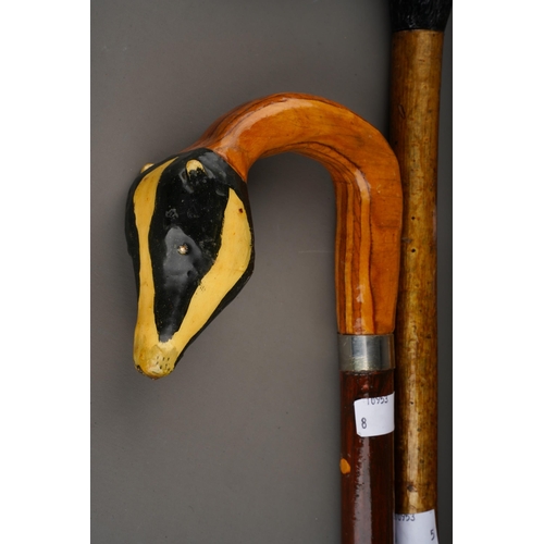 1035 - A collection of walking sticks to include: 
1. carved Duck head, textured and painted with glass eye... 