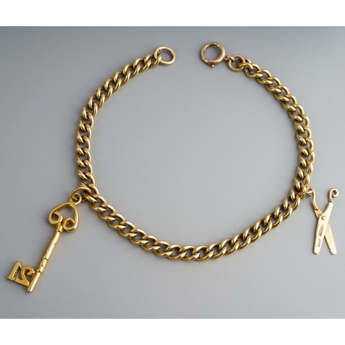 680 - A charm bracelet. Designed as a curb link chain with spring clasp, suspended two charms, to include ... 