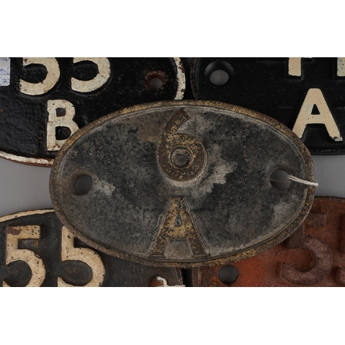 314 - Railway Interest: A collection of seven cast iron shed plates, comprising 83 F, 55 B, 55 H, 3 A, 41 ... 