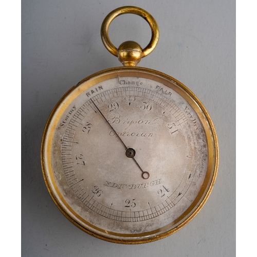 539 - A 19th Century brass cased pocket barometer by Bryson Optician, Edinburgh with silvered dial, the en... 