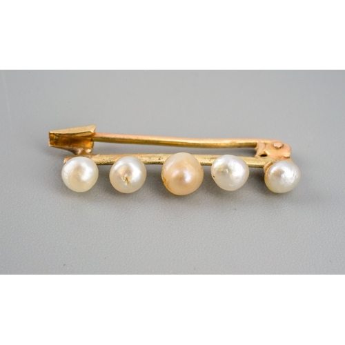 591 - An Edwardian gold seed pearl bar brooch. Te knife edge yellow metal brooch set with five seed pearls... 