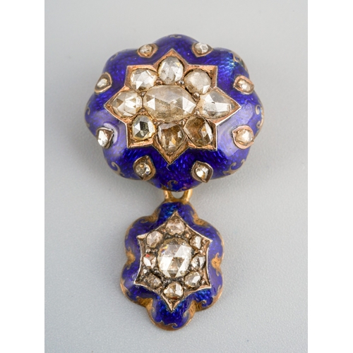 A mid Victorian diamond and enamel brooch. The rose cut diamond cluster, within a blue enamel and rose cut diamond accent, suspending a similarly designed drop, approx length 32mm, enamel chipped, gross weight 8.03 grams.