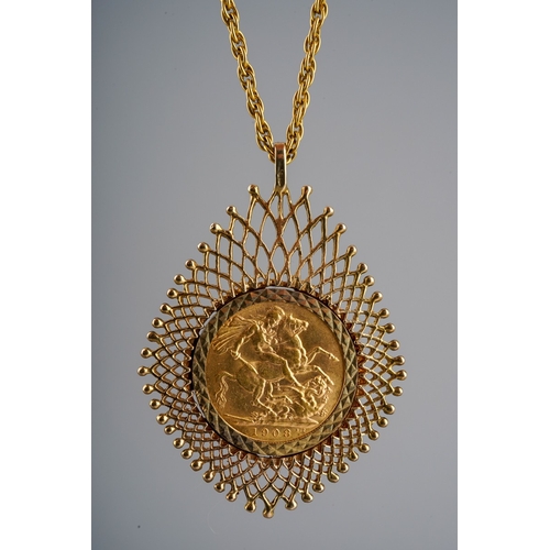 1908 full Sovereign in large 9 ct gold mount on a yellow metal chain, total gross weight approx. 21.7g