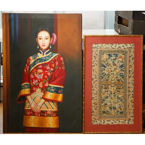 1245 - 21st Century Oriental School, three quarter length portrait of a young woman wearing decorative trad... 