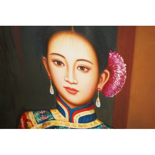 1245 - 21st Century Oriental School, three quarter length portrait of a young woman wearing decorative trad... 