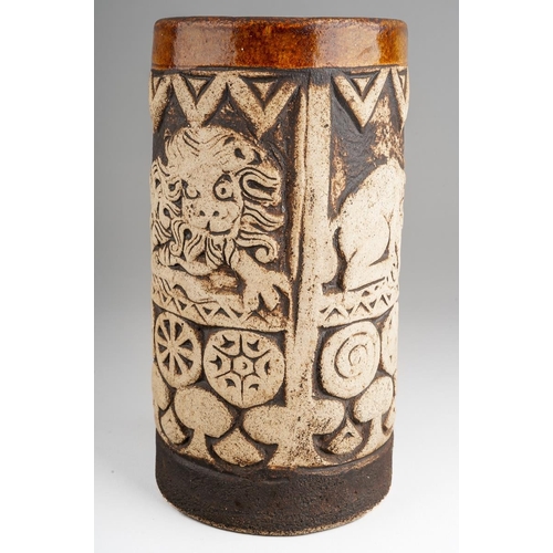A Quantock pottery tankard, with Lion and motif impressed decoration ...