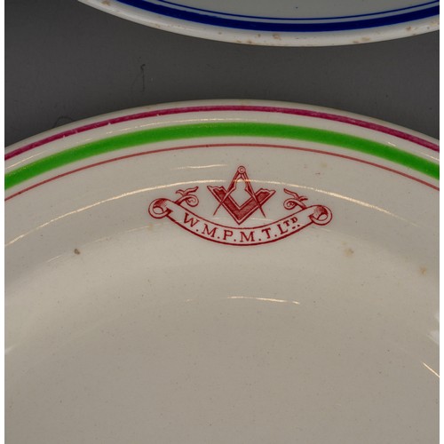 1 - Nine early 20th Century earthenware plates, each with Masonic symbol and a soup bowl., all with vari... 