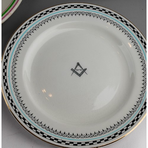 1 - Nine early 20th Century earthenware plates, each with Masonic symbol and a soup bowl., all with vari... 