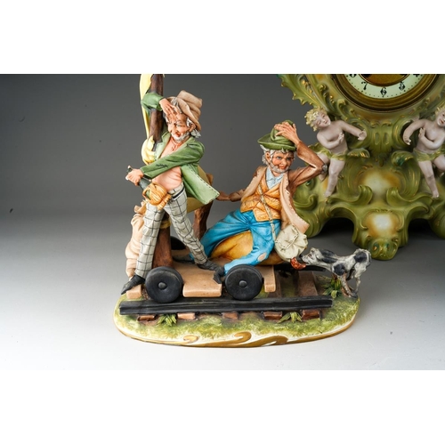11 - A Continental porcelain Rococo style mantle clock., the apple green and gilt scrolling case applied ... 