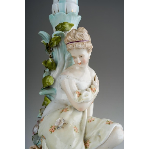 17 - A pair of early 20th Century Sitzendorf candlesticks modelled as seated Classical Maidens, tulip sha... 