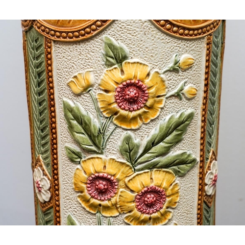 27 - A Burmantofts Faience pedestal decorated with flowers and stylised shells within incised panels, imp... 