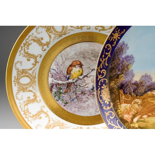 32 - A Continental cabinet plate decorated with 18th Century pastoral scene after Francois Boucher, gilt ... 
