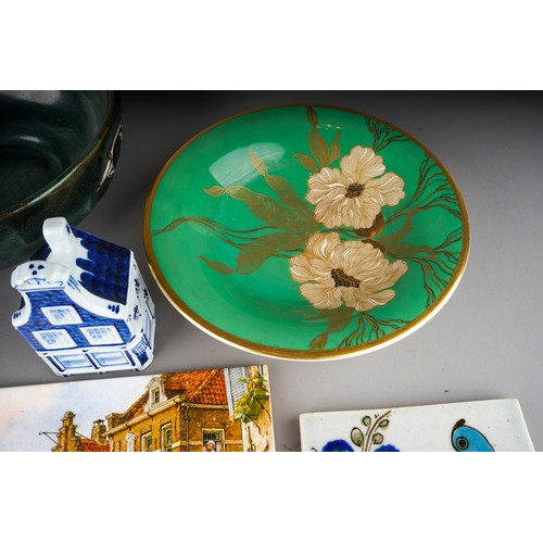 38 - A collection of 20th century ceramics and assorted tiles, two studio pottery iridescent glaze items,... 