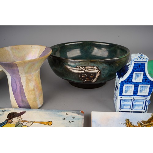 38 - A collection of 20th century ceramics and assorted tiles, two studio pottery iridescent glaze items,... 