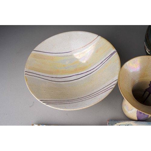 38 - A collection of 20th century ceramics and assorted tiles, two studio pottery iridescent glaze items,... 