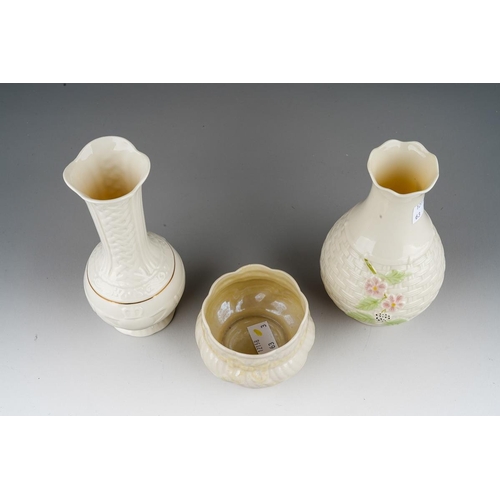 48 - A Belleek 3rd period bowl, 5.5cm high together with a 9th mark Claddagh  and Celtic knot posy vase, ... 