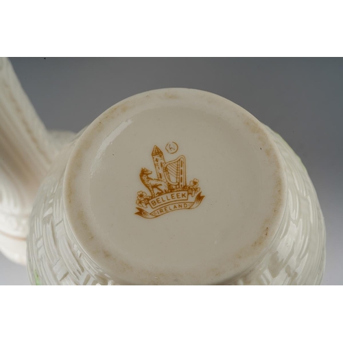 48 - A Belleek 3rd period bowl, 5.5cm high together with a 9th mark Claddagh  and Celtic knot posy vase, ... 