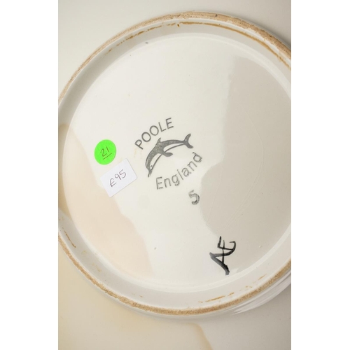 56 - Two Poole Pottery Delphis chargers, shape no 5, one in red, orange and green colourways, the other i... 