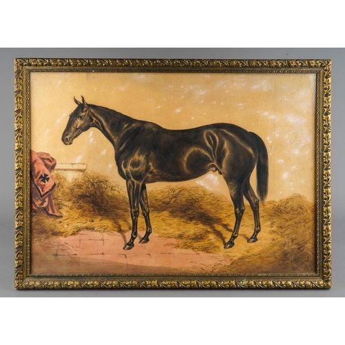 John Joseph Fonseca (British 1817-1895)  Study of a black stallion standing in a stable interior with a red blanket with black cross and trim, watercolour, signed lower right J.J. Fonseca Madras 1870, 29cm x 45cm, framed and glazed