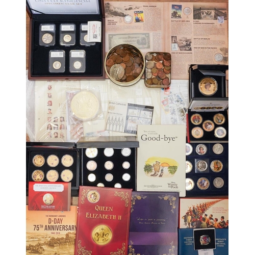 1106 - A box of assorted commemorative and circulated  coins and stamps, in presentation packs and loose, i... 