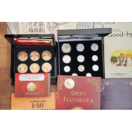 1106 - A box of assorted commemorative and circulated  coins and stamps, in presentation packs and loose, i... 