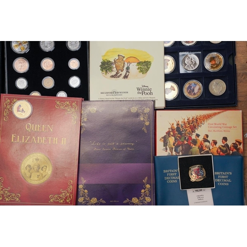 1106 - A box of assorted commemorative and circulated  coins and stamps, in presentation packs and loose, i... 
