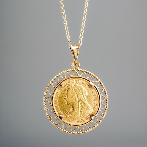 93 - A half sovereign coin pendant. The half sovereign coin dated 1894, within a 9ct gold pendant mount, ... 
