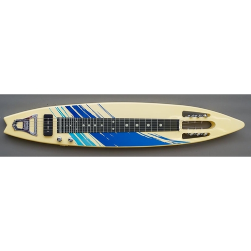 335 - A Chinese made Mahalo Hawaiian surf board style six string Lap steel guitar, with legs, in branded s... 